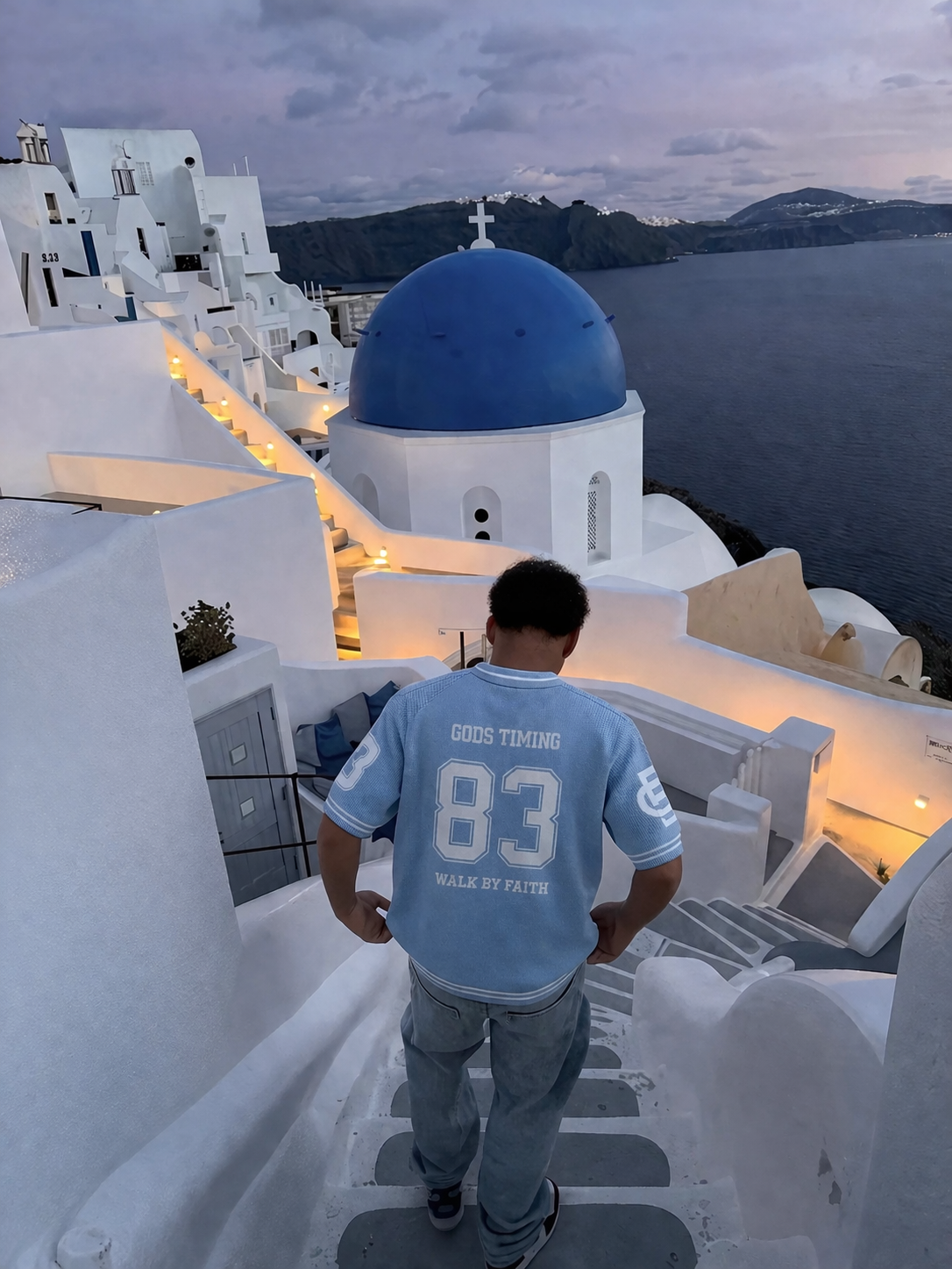 Model view of Benir Clothing God's Timing 83 Knit Light Blue T-shirts